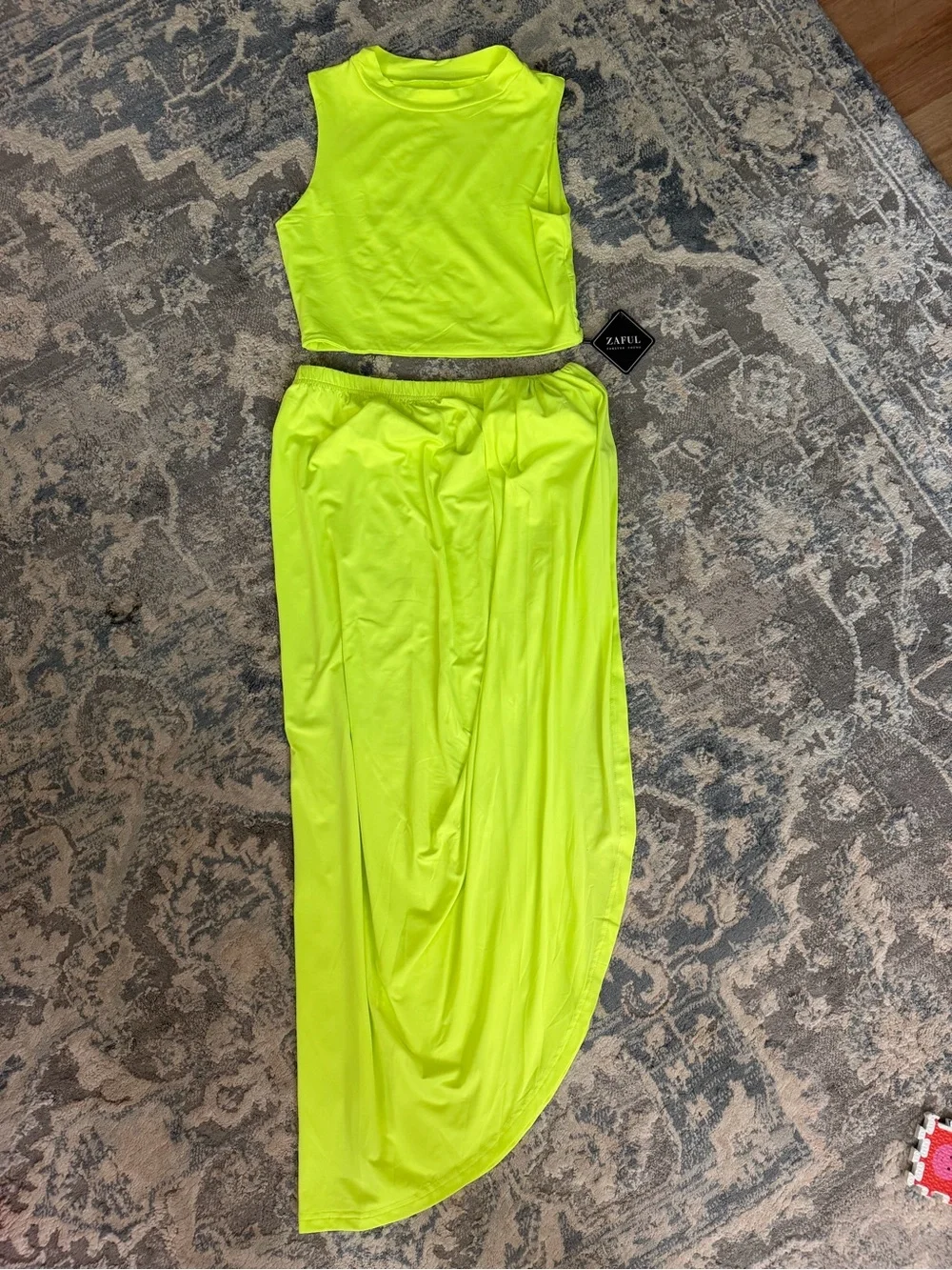 Zaful Neon Yellow High-Slit Maxi Skirt Set